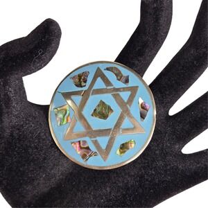 Vtg Alpaca Mexico Star Of David Abalone Brooch Pendant Blue Statement Religious